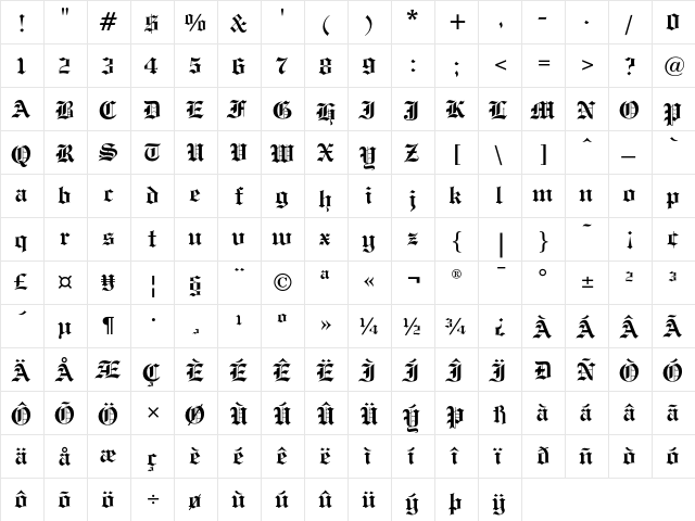 Chivalry Regular  glyph index