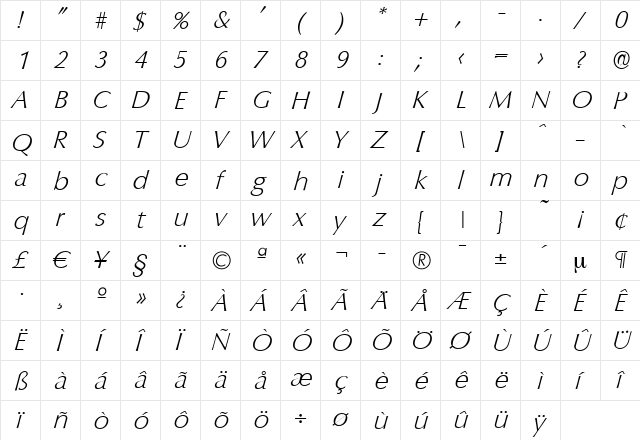 EricBecker-ExtraLight Italic  glyph index