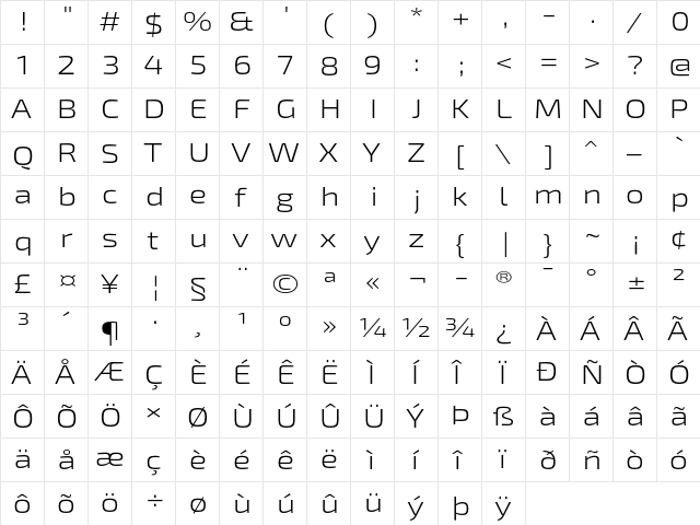 Exo 2 Light Expanded  glyph index