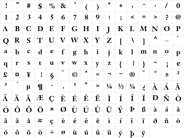 JansonText75 Bold  glyph index