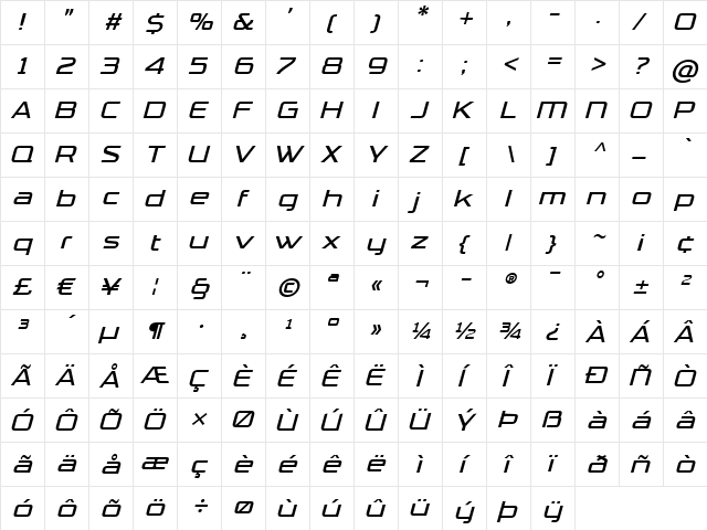 TradeMarker Light Italic  glyph index