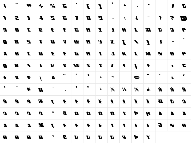 Typhoon Leftalic Italic  glyph index