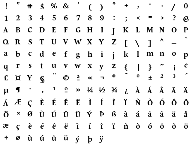 Andulka Text Pro Bold  glyph index