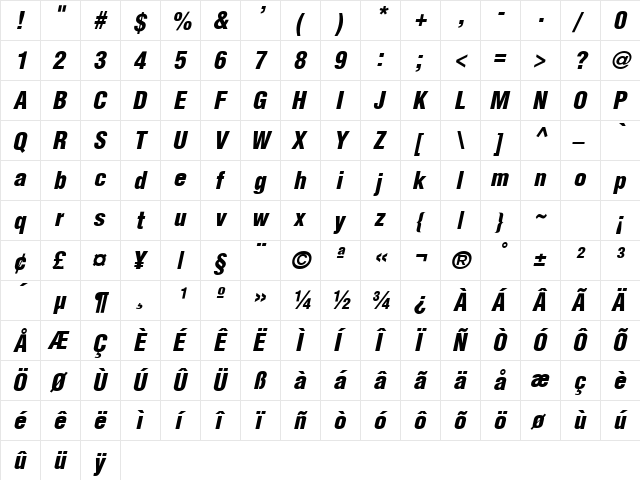 Switzerland Cond Black Italic  glyph index