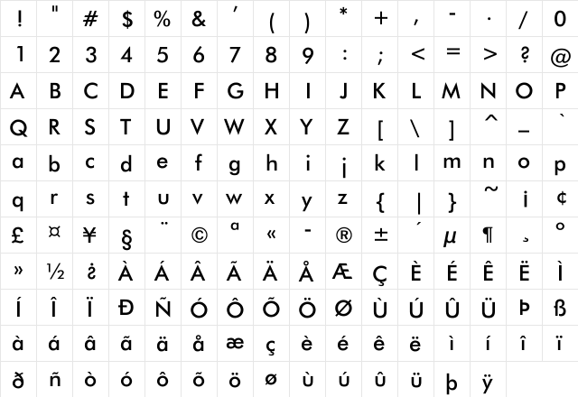 Jensen Regular  glyph index