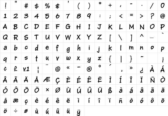 JanieHmkBold Regular  glyph index