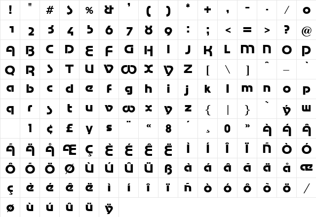 Marina DB Regular  glyph index