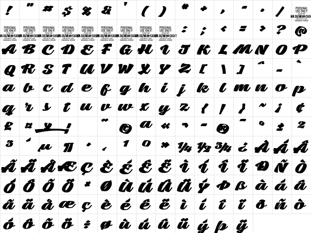 Mean Casat Fat PERSONAL USE Regular  glyph index