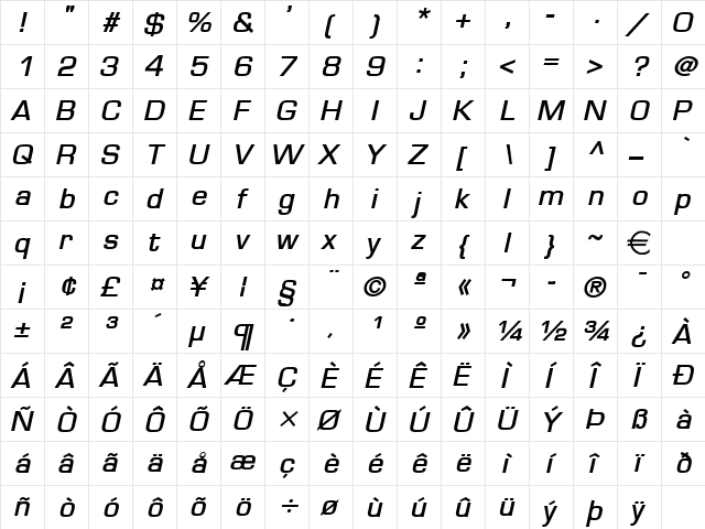 EurasiaWide BoldItalic  glyph index