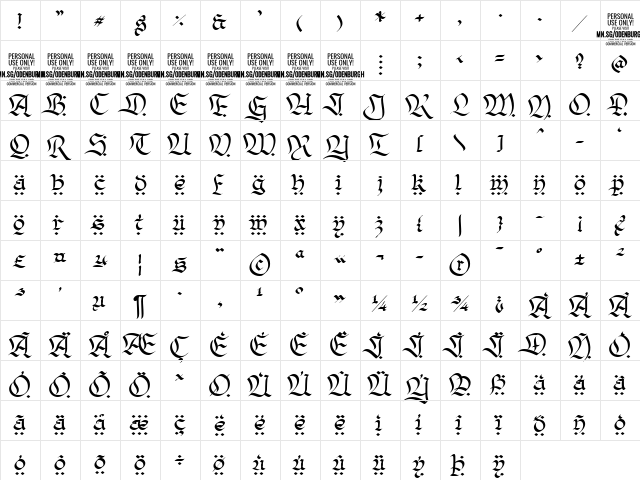 Odenburgh Deco PERSONAL USE Regular  glyph index