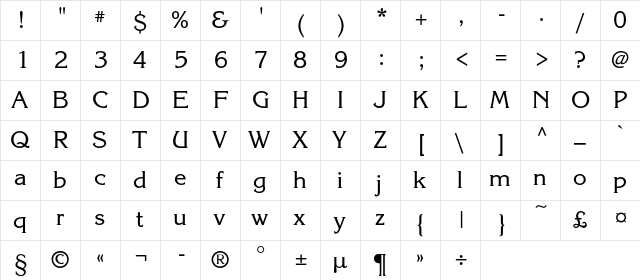 KorinnaC Regular  glyph index