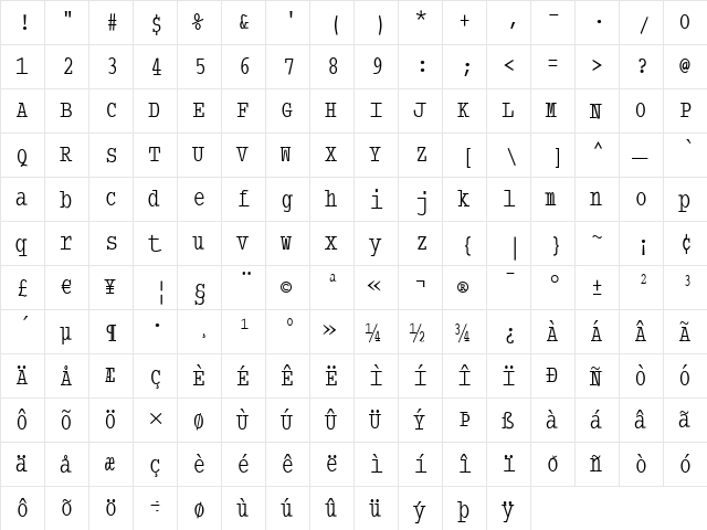 TypewriterCondensed Regular  glyph index