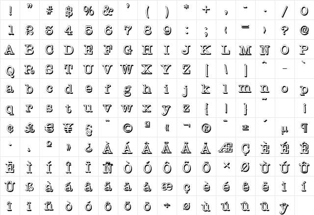 TypewriterShadow Regular  glyph index