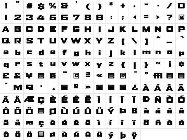 AgencyFB BlackExtended  glyph index