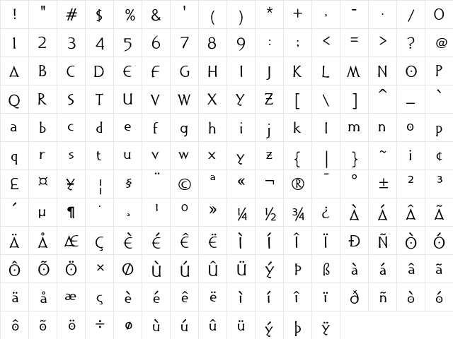 Mediterano Regular  glyph index