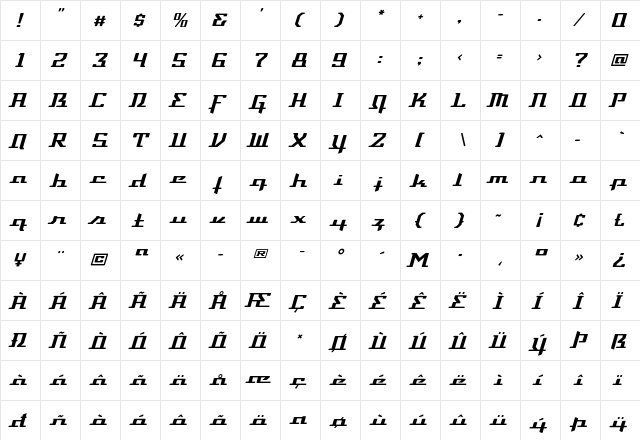 DevilleThruster-DeluxeTwo Regular  glyph index