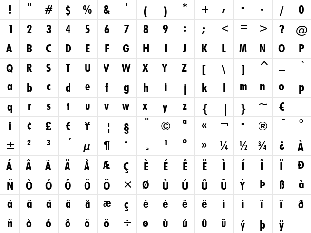 Futura BdCn BT Bold  glyph index