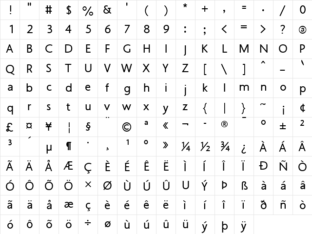 OskiEast Regular  glyph index