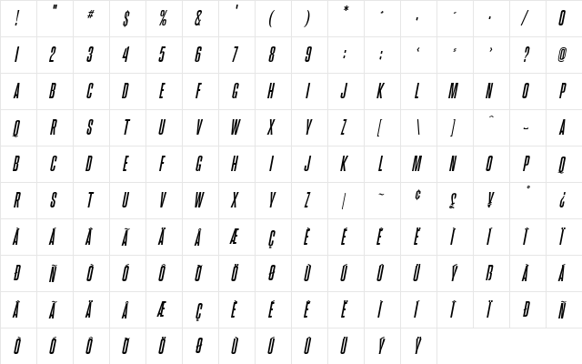 Brusio Italic  glyph index