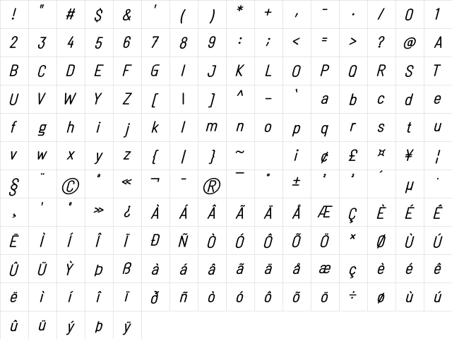 Linguineve Regular Italic  glyph index