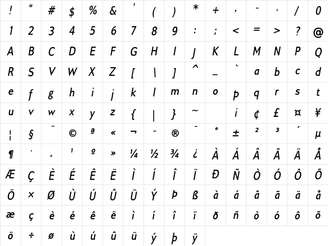 Gillius ADF Cond Bold Italic  glyph index