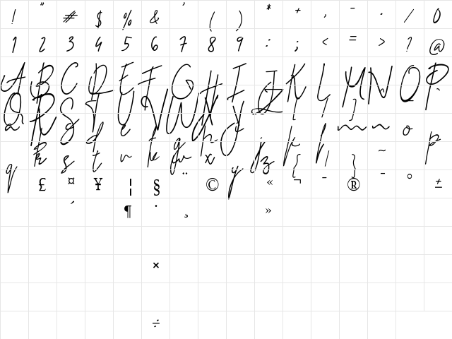 senorita Regular  glyph index