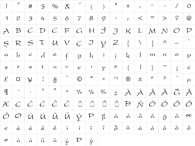 TR President Regular  glyph index