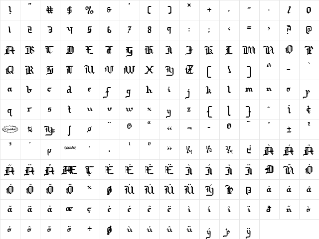 Redcoat Regular  glyph index