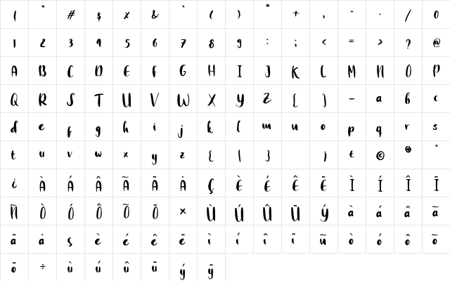 Clumsy White Regular  glyph index