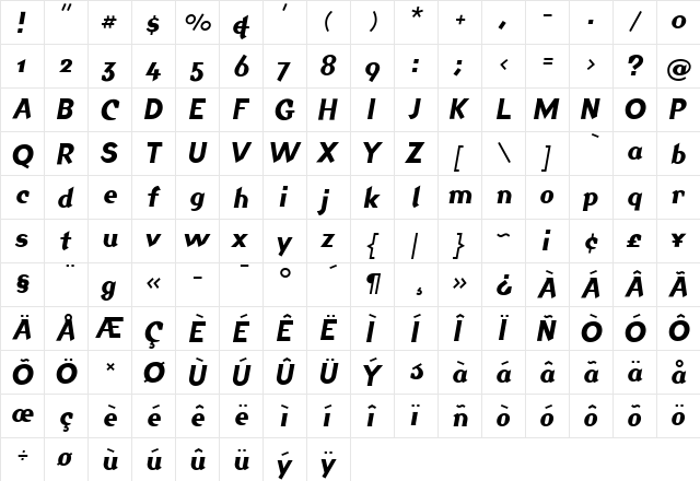 Jackdaw Italic  glyph index