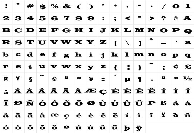 Latin-Wide Regular  glyph index
