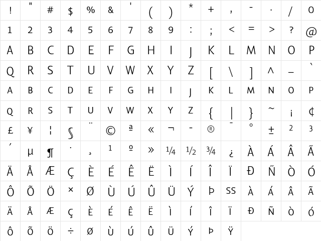 Lisboa SC Light Regular  glyph index