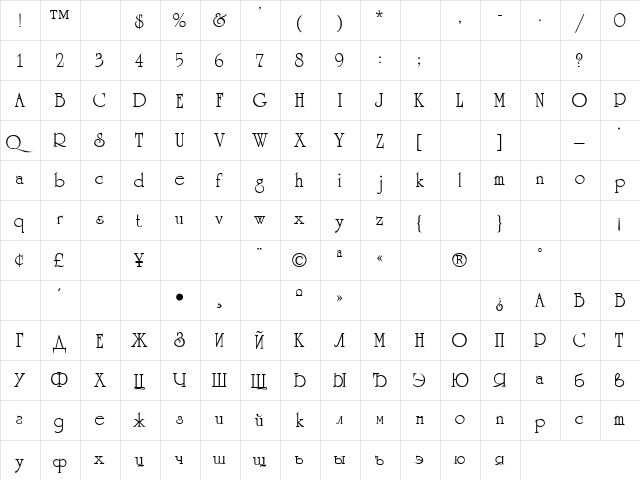UniversityC Regular  glyph index