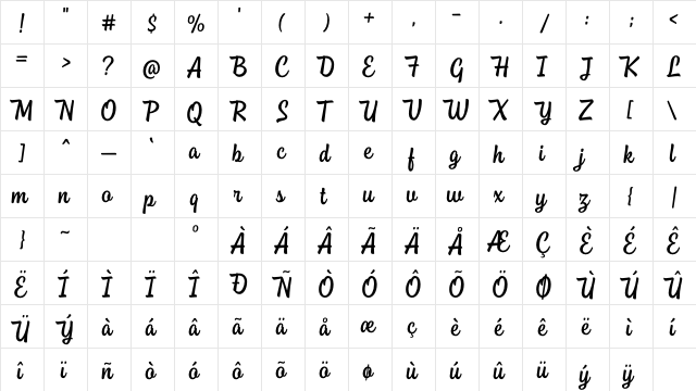 StangardDEMO Regular  glyph index