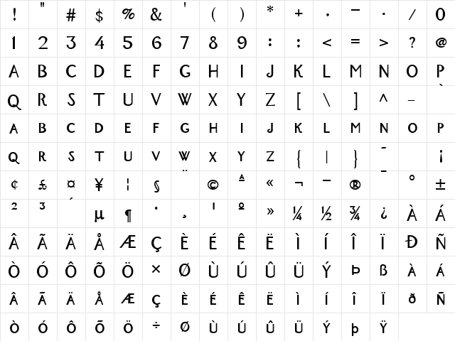 New York Bold  glyph index