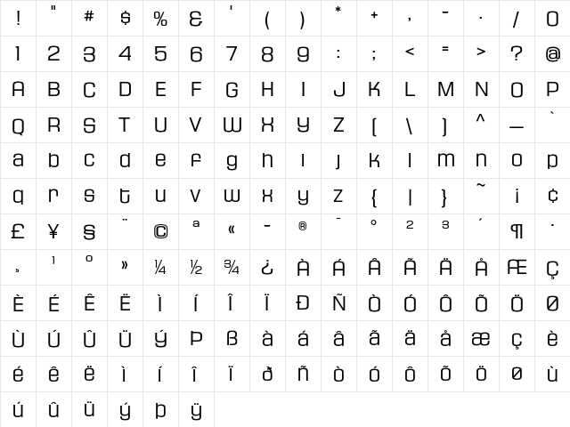 HouseGothicHG23Ext LIGHT2  glyph index