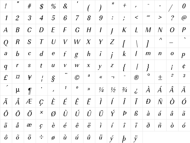 URWImperialTExtNar Oblique  glyph index