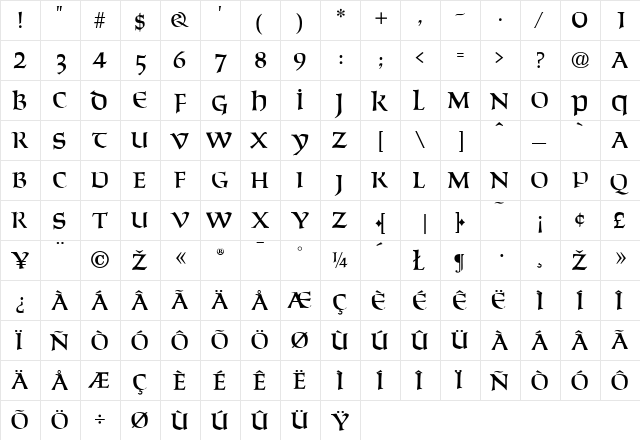 Solemnis Regular  glyph index