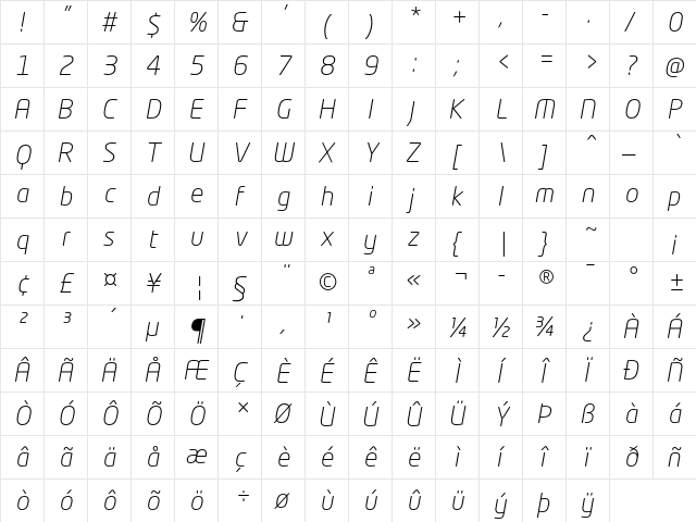 Neo Tech Std Light Italic  glyph index