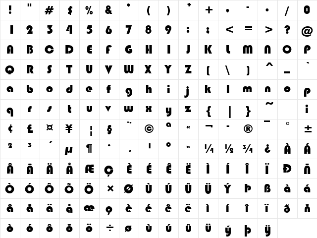 Bongo Regular  glyph index
