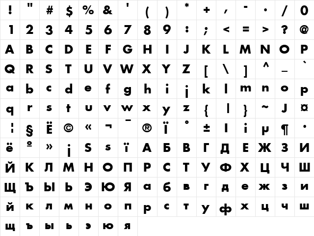 AG_Futura Bold  glyph index