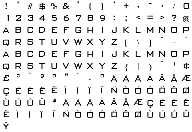 OPTIBankGothic Medium  glyph index