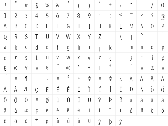 GriffithGothic Cond Light Regular  glyph index