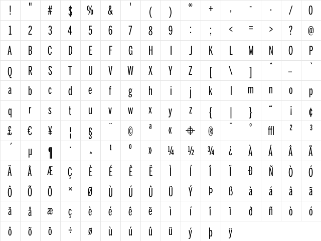 BentonSans UltraCondensed Regular  glyph index