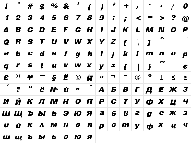 HebarBlack Italic  glyph index