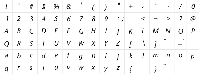 AldrichSansItalic Regular  glyph index