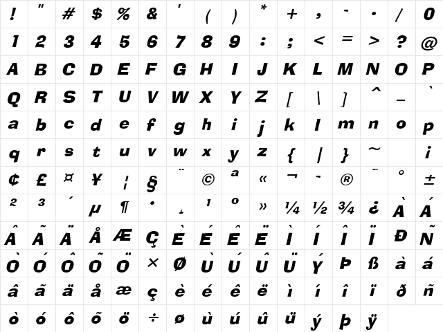 Alor Narrow BoldItalic  glyph index