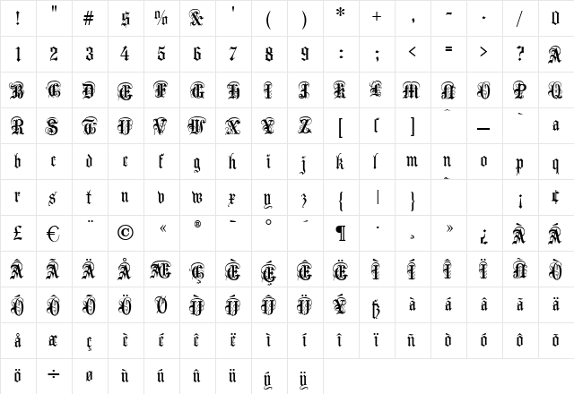 Anglican Text Regular  glyph index