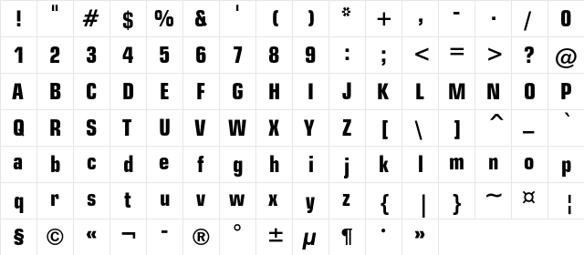 EuropeCond Bold  glyph index