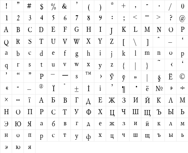 Mysl Narrow Plain  glyph index